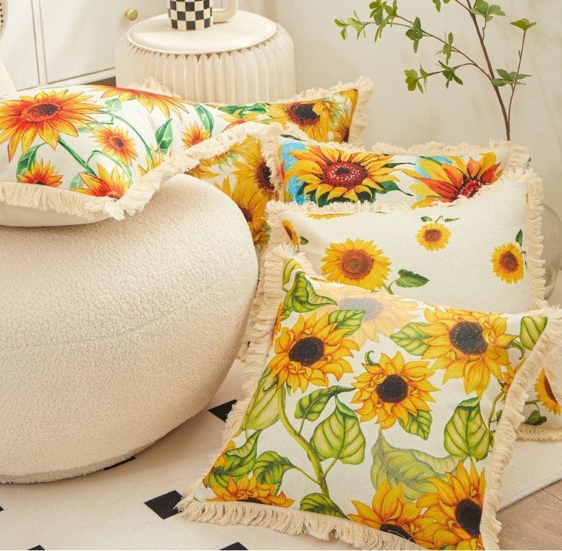 Tassel Sunflower Linen Printed Pillowcase Home Bedroom Bedside Soft Upholstery Pillow Home Couch