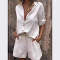 European And American Mid-sleeve Cotton Linen Lapel Shirt Outfit - HEPSIBAH SHOP
