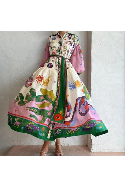 Elegant Lantern Sleeve Printed Long Lapel And Waist Tight Long Sleeve Dress - HEPSIBAH SHOP