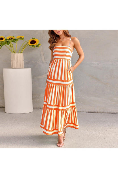 Summer Striped Printed Suspender Long Dress With Pockets Fashion Square Neck Backless Dresses For Beach Vacation Women Clothing - HEPSIBAH SHOP