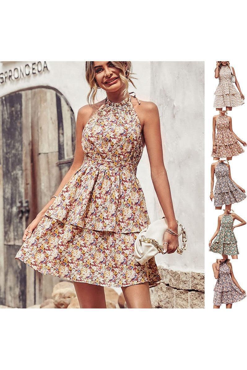 Summer Printed Halter Dress Fashion Boho Backless Ruffled A-Line Beach Dresses For Womens Clothing - HEPSIBAH SHOP