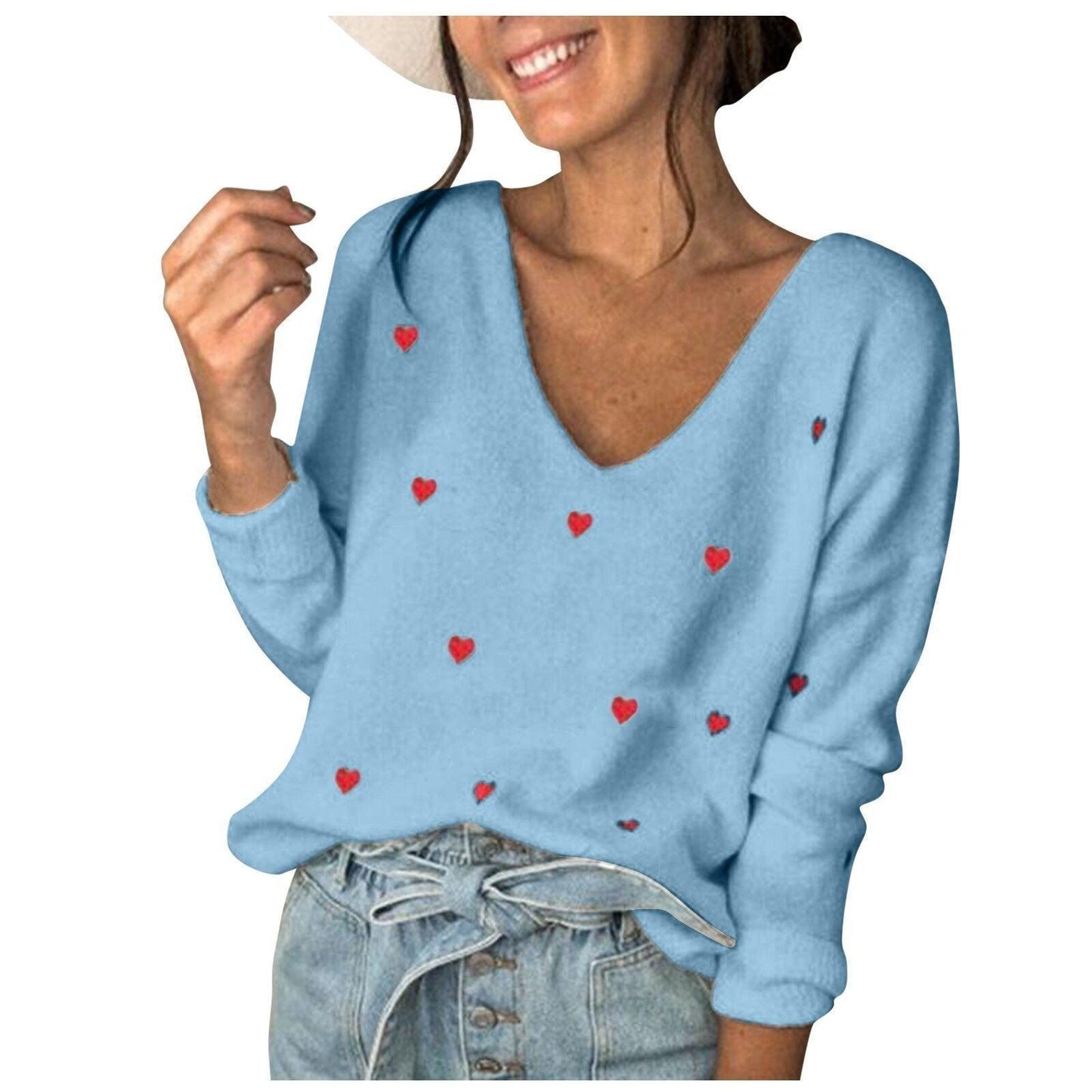 Heart Printed Pullovers Long Sleeve V Neck Sweater Tops - HEPSIBAH SHOP