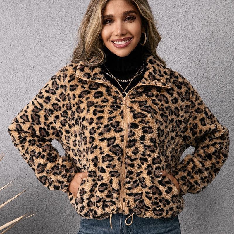 Ladies Leopard Print Lapel Zip Furry Jacket - HEPSIBAH SHOP