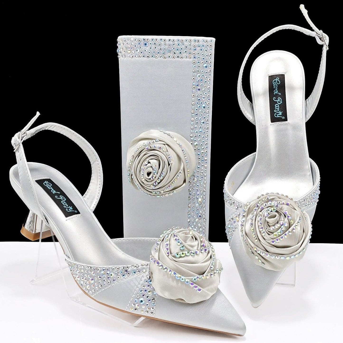 Women's Shoes And Bags Handmade Flower Decoration High Temperature Rhinestone Satin High Heels Suit - HEPSIBAH SHOP