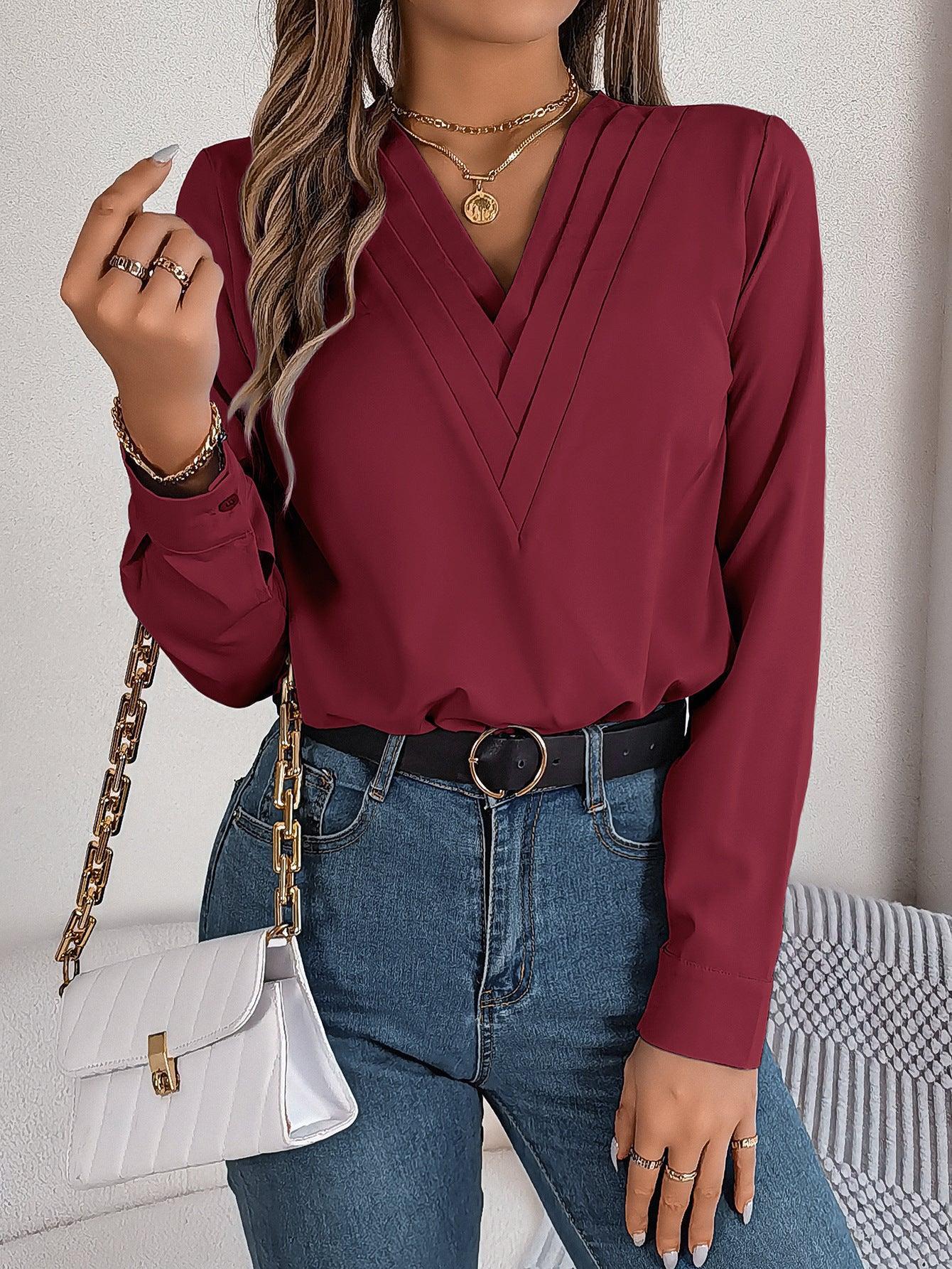 Fashion V-Neck Long Sleeve Shirt Elegant Commuter Solid Blouse Office Women's Clothing - HEPSIBAH SHOP