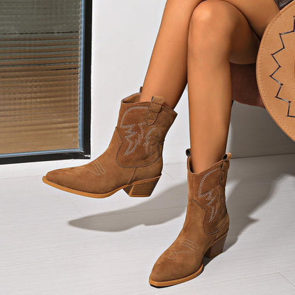 Short Western Cowboy Boot Women's Suede Chunky Heel Pointed Toe V-shaped Mouth Slimming - HEPSIBAH SHOP