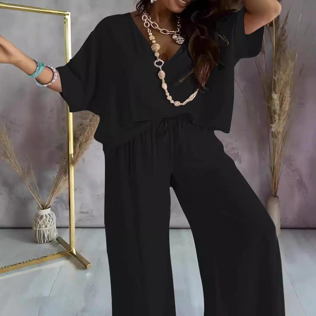 V-neck Batwing Sleeve Loose Wide Leg Pants Suit Women - HEPSIBAH SHOP