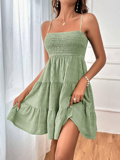 Summer Square-collar Suspender Pleated Dress Fashion Solid Color Beach Dresses For Womens Clothing - HEPSIBAH SHOP