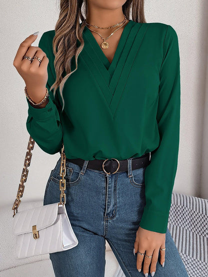 Fashion V-Neck Long Sleeve Shirt Elegant Commuter Solid Blouse Office Women's Clothing - HEPSIBAH SHOP