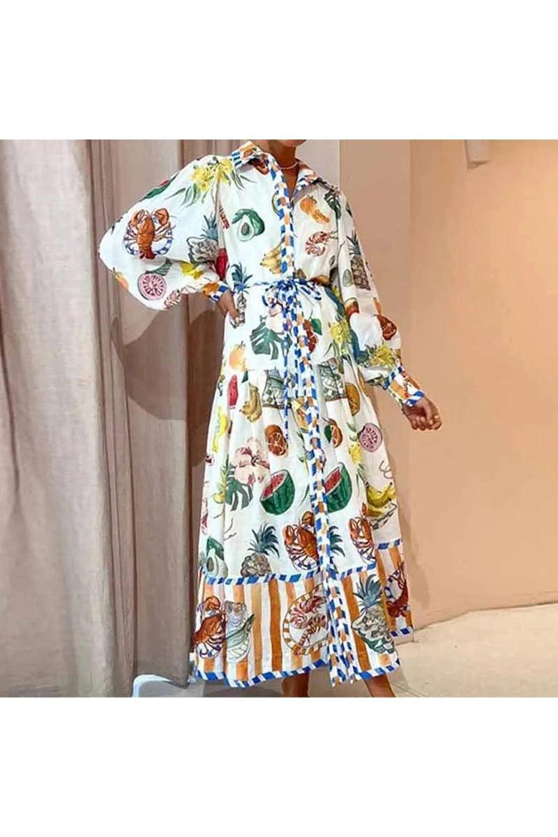 Elegant Lantern Sleeve Printed Long Lapel And Waist Tight Long Sleeve Dress - HEPSIBAH SHOP