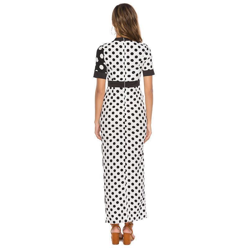 Women's Waist Waist Black And White Polka Dot Stitching Slimming Dress - HEPSIBAH SHOP