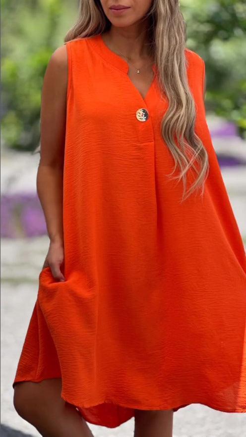 Summer V-neck Sleeveless Dress With Button Decoration Solid Color Casual Loose Straight Dresses Womens Clothing - HEPSIBAH SHOP