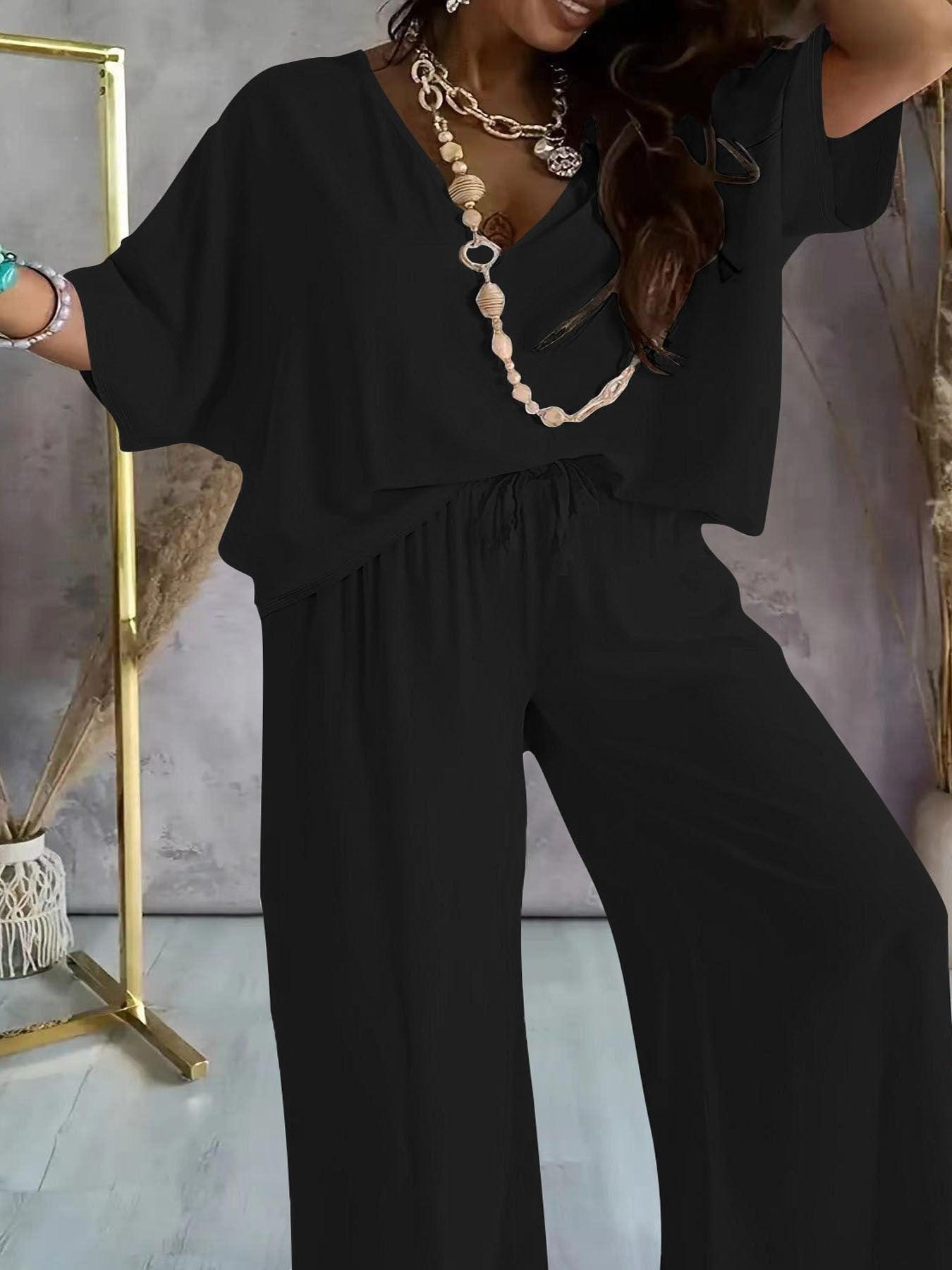 V-neck Batwing Sleeve Loose Wide Leg Pants Suit Women - HEPSIBAH SHOP