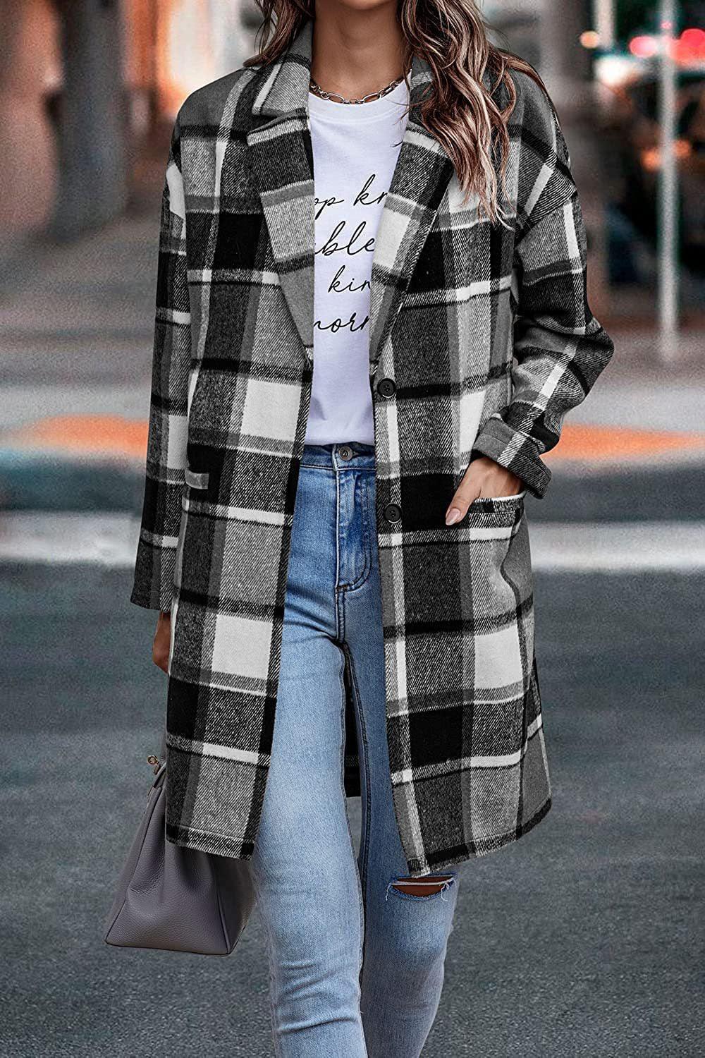Fashion Plaid Long Jacket Woolen Coat - HEPSIBAH SHOP