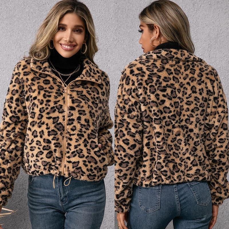 Ladies Leopard Print Lapel Zip Furry Jacket - HEPSIBAH SHOP