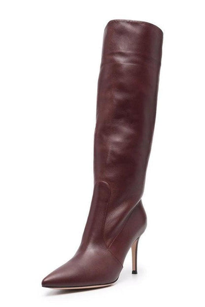 Burgundy PU Plus Size Pointed Toe Knee-length Boots - HEPSIBAH SHOP