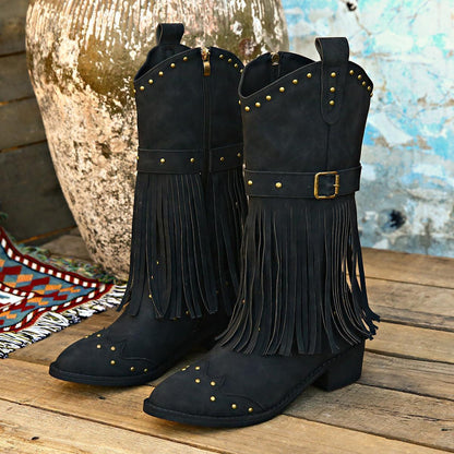 Retro Tassel Boots With Rivet Strap Buckle Design Shoes For Women Winter Footwear Fashion Mid-calf Square Heel Knight Western Boots - HEPSIBAH SHOP