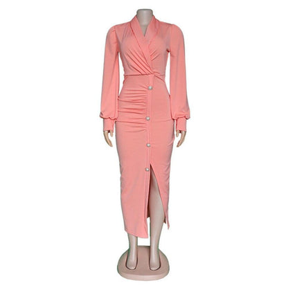 African cute woman pink long-sleeved dress office dresses - HEPSIBAH SHOP