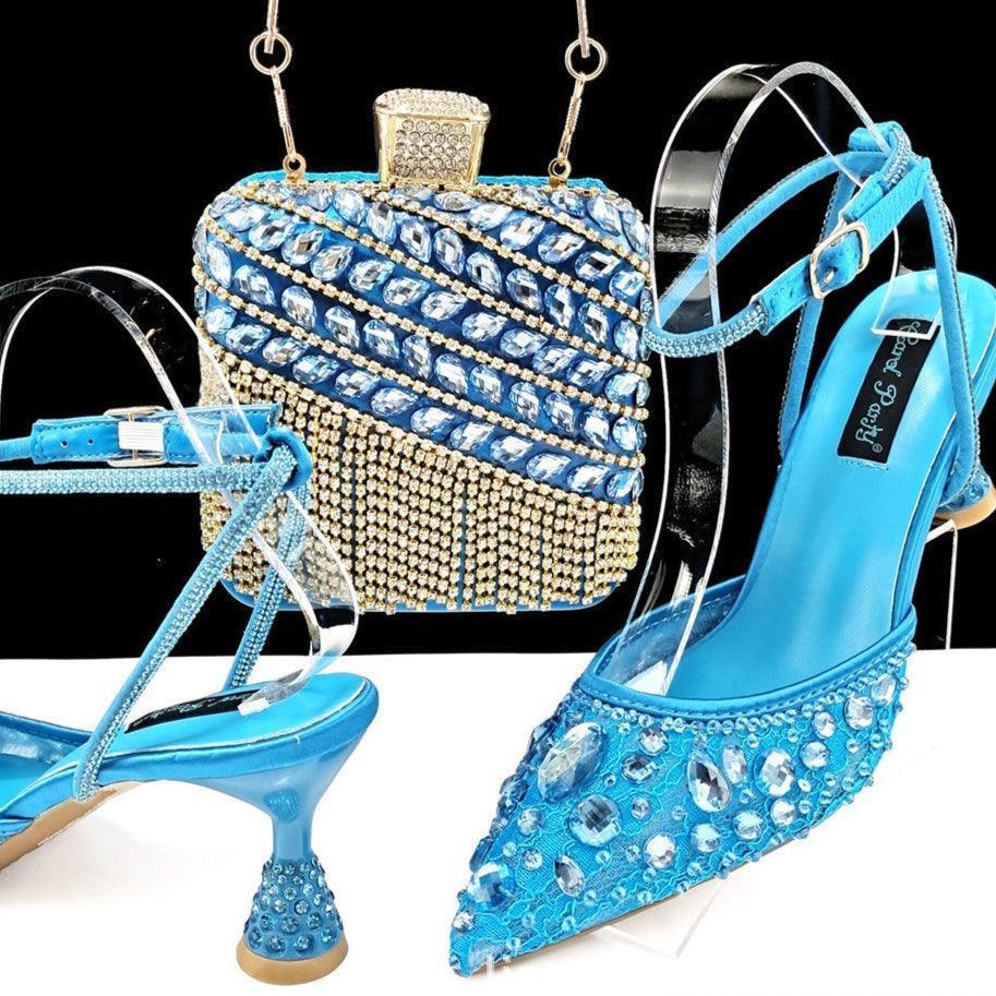 Large Rhinestone High Heel Sandals Three-dimensional Tassel Handbag Set - HEPSIBAH SHOP