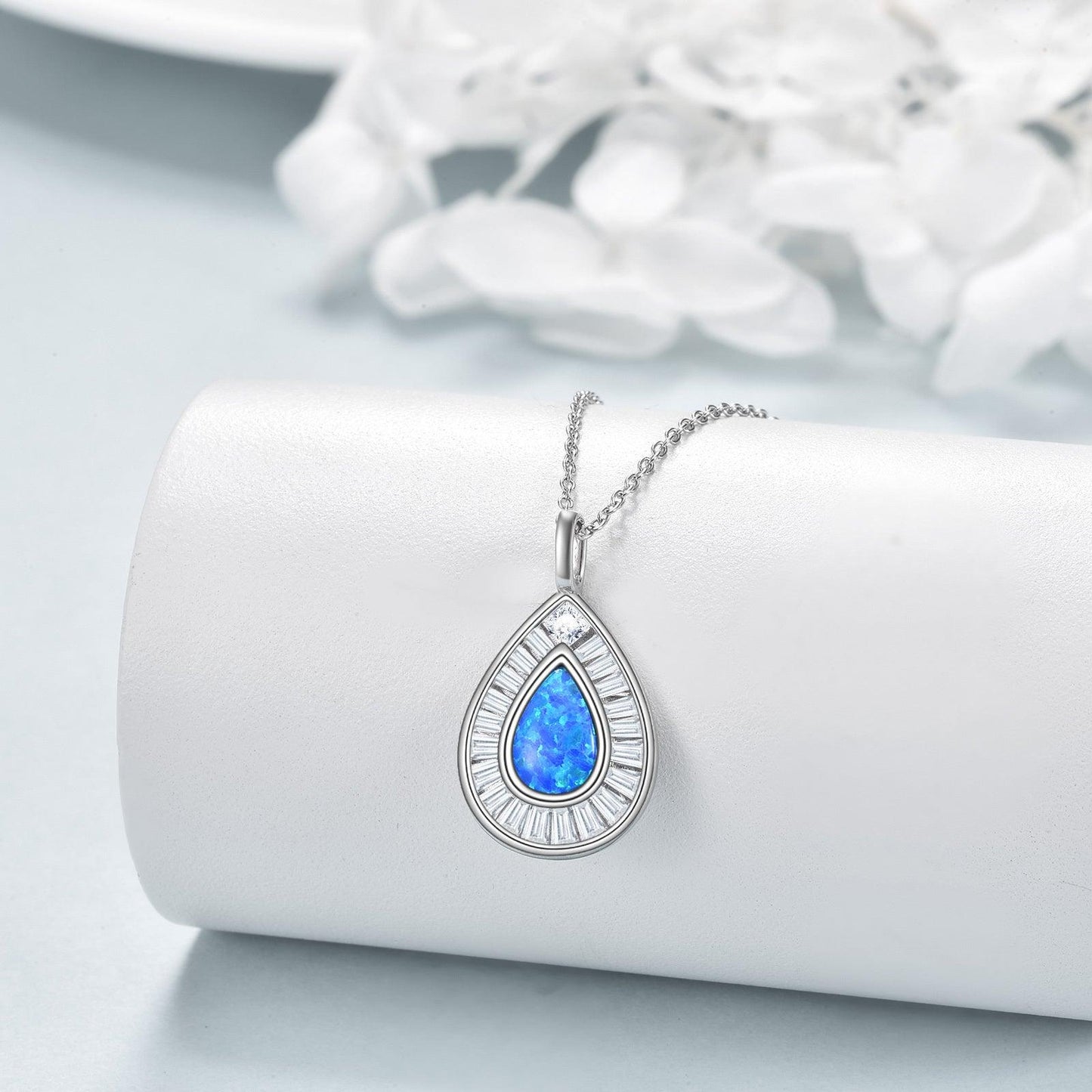 Sterling Silver Blue Opal Teardrop Necklace Jewelry for Women