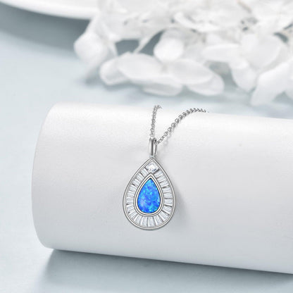 Sterling Silver Blue Opal Teardrop Necklace Jewelry for Women