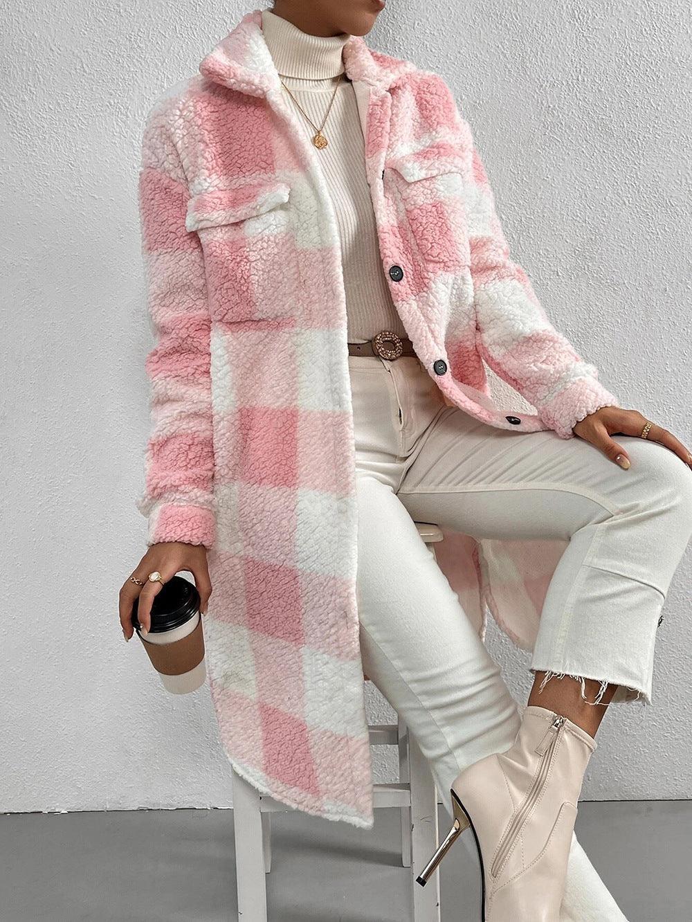 Button Lapel Plush Plaid Coat Loose - HEPSIBAH SHOP