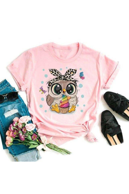 Owl Cute Cartoon Print Short Sleeve - HEPSIBAH SHOP