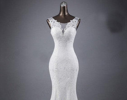 Lace slim & thin double shoulder tail wedding dress - HEPSIBAH SHOP