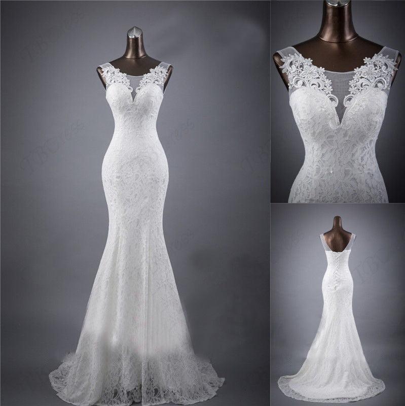 Lace slim & thin double shoulder tail wedding dress - HEPSIBAH SHOP