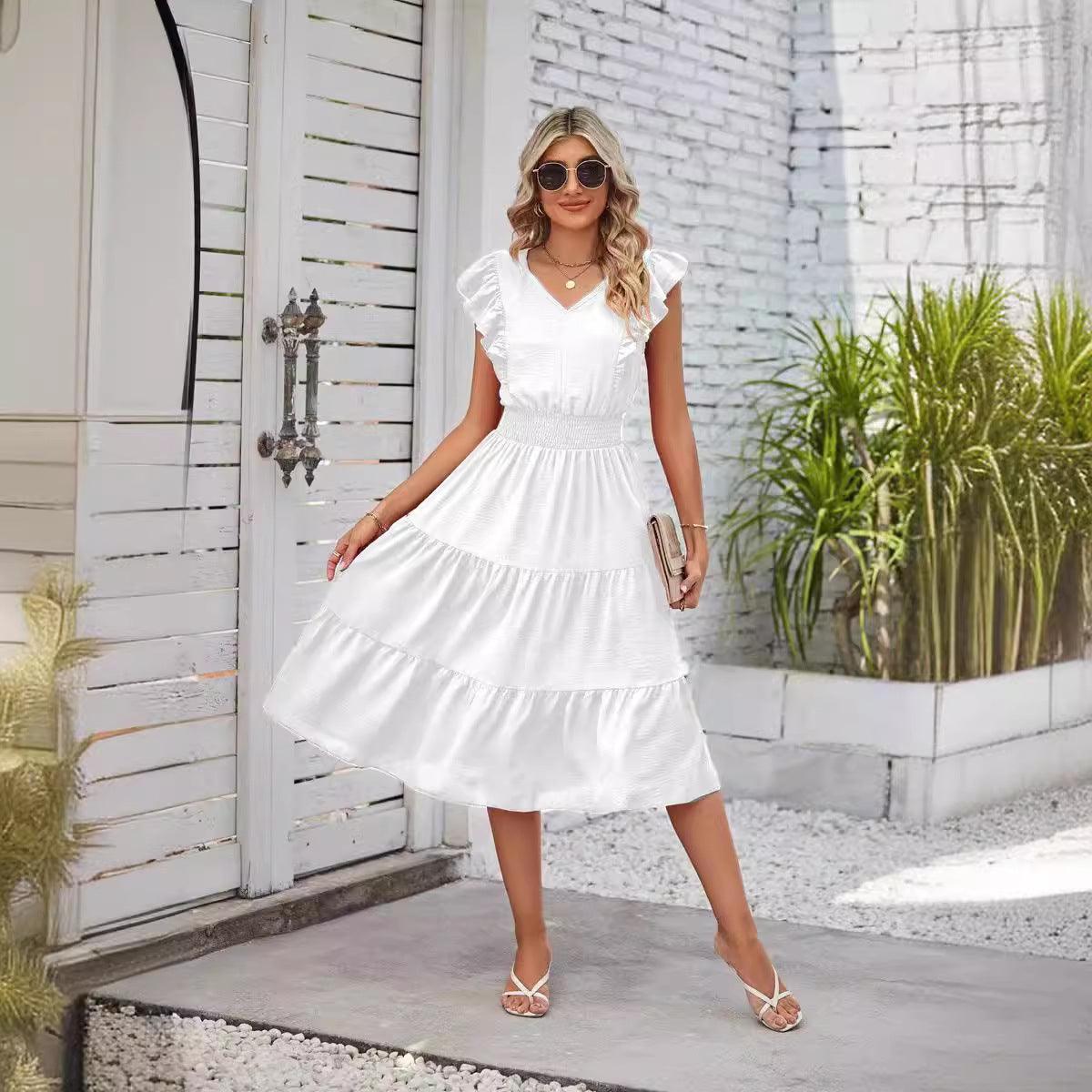 New Ruffled Sleeveless V-Neck Dress Summer Fashion Elastic Waist A-Line Dresses For Womens Clothing - HEPSIBAH SHOP