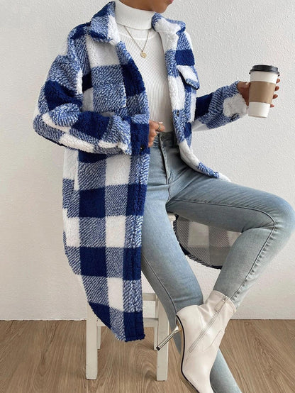 Button Lapel Plush Plaid Coat Loose - HEPSIBAH SHOP