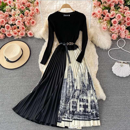 Elegant Knitted Patchwork Contrast Color Pleated Dress - HEPSIBAH SHOP