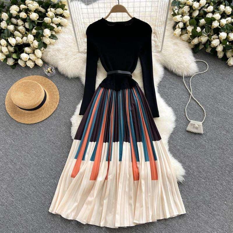 Elegant Knitted Patchwork Contrast Color Pleated Dress - HEPSIBAH SHOP