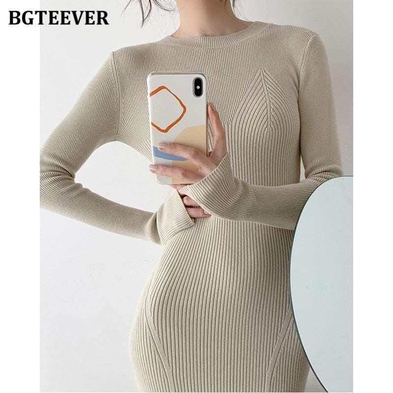 BGTEEVER O-neck Slim Sweaters Bodycon Knitted Dress for Women - HEPSIBAH SHOP