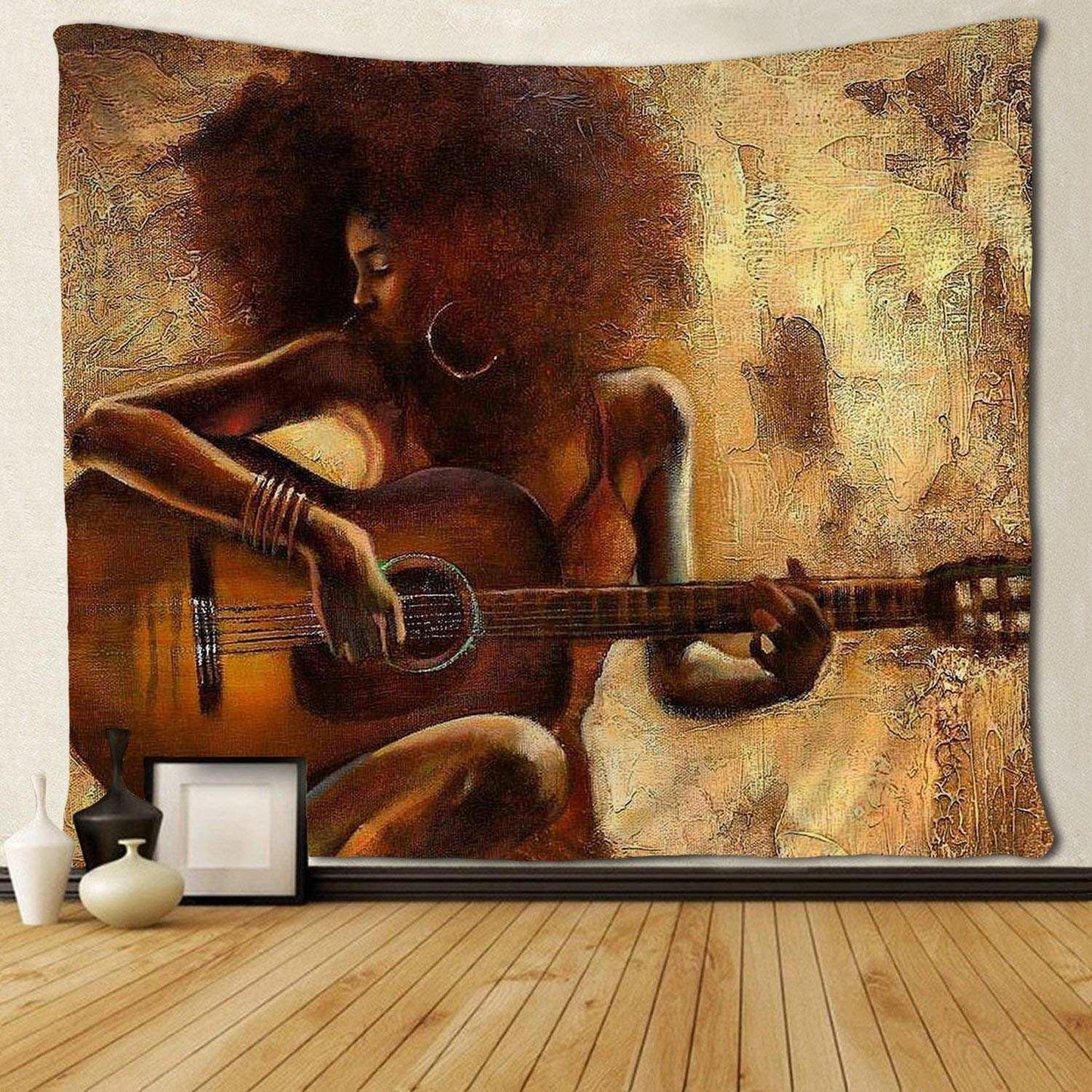 African American Women Play The Guitar Tapestries Hippie Black Art - HEPSIBAH SHOP