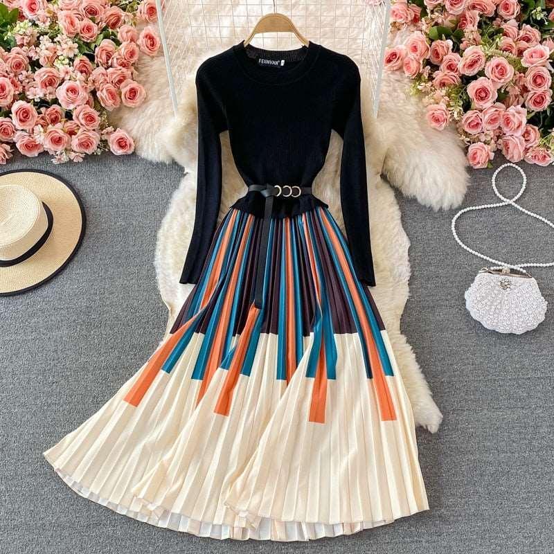 Elegant Knitted Patchwork Contrast Color Pleated Dress - HEPSIBAH SHOP