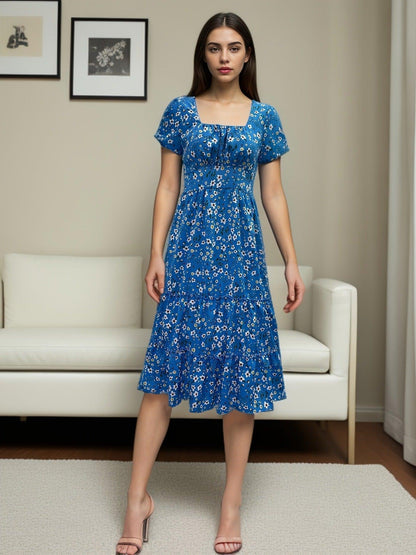 Square Collar Short Sleeve Dress Summer Puff Floral Printed Dress Long Dresses - HEPSIBAH SHOP