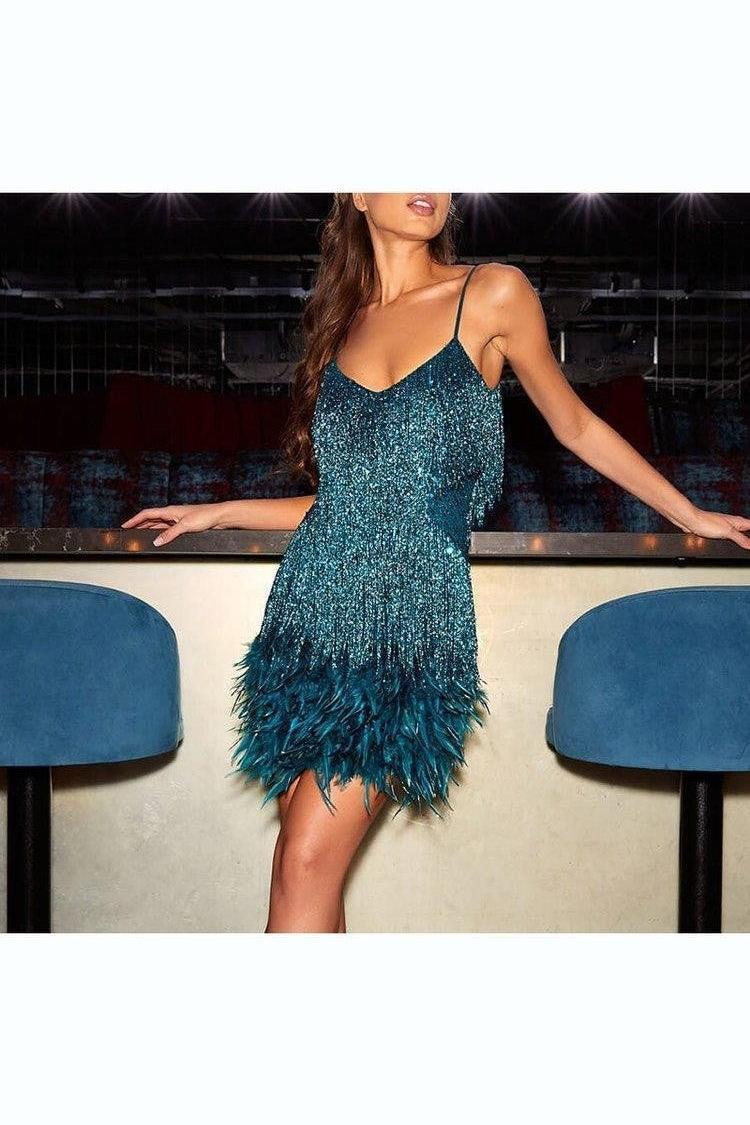 V-neck Strap Feather Stitching Dress - HEPSIBAH SHOP