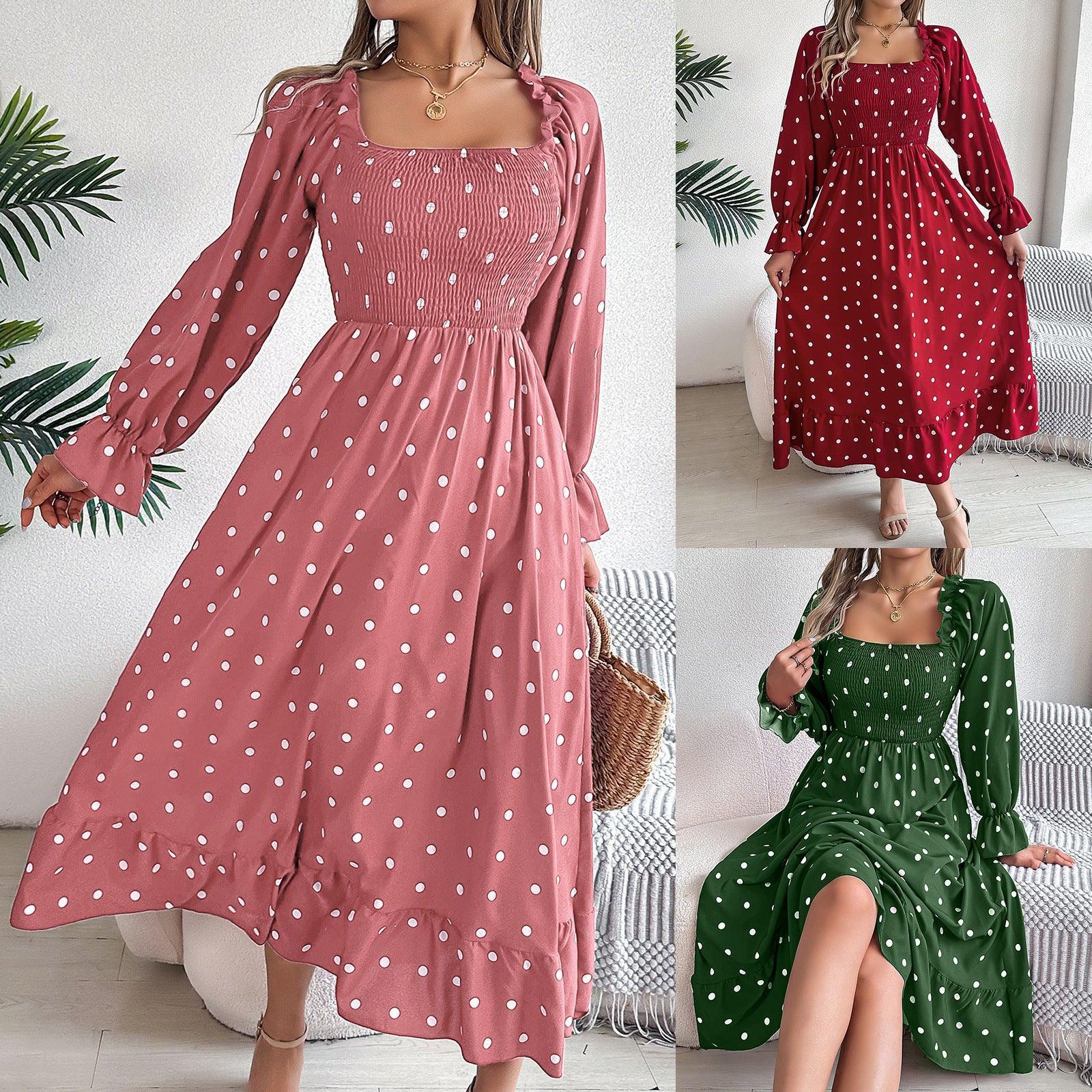 Casual Square Collar Polka Dot Swing Dress With Wooden Ears - HEPSIBAH SHOP