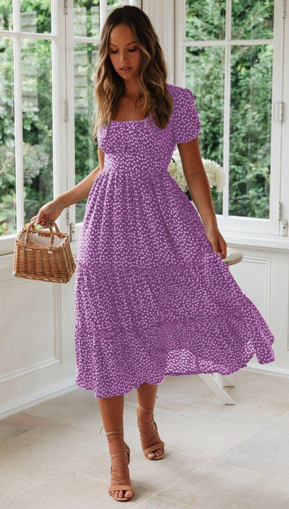 Square Collar Short Sleeve Dress Summer Puff Floral Printed Dress Long Dresses - HEPSIBAH SHOP