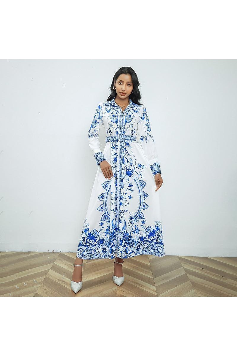 Real Shot Long Sleeve Stand Collar Retro Printed Dress - HEPSIBAH SHOP