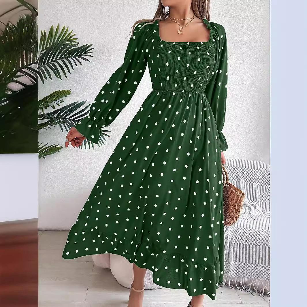 Casual Square Collar Polka Dot Swing Dress With Wooden Ears - HEPSIBAH SHOP