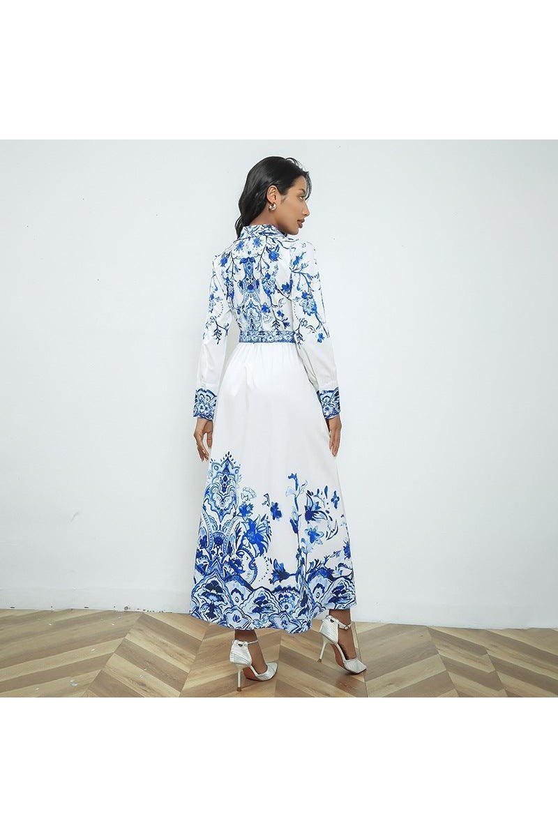Real Shot Long Sleeve Stand Collar Retro Printed Dress - HEPSIBAH SHOP