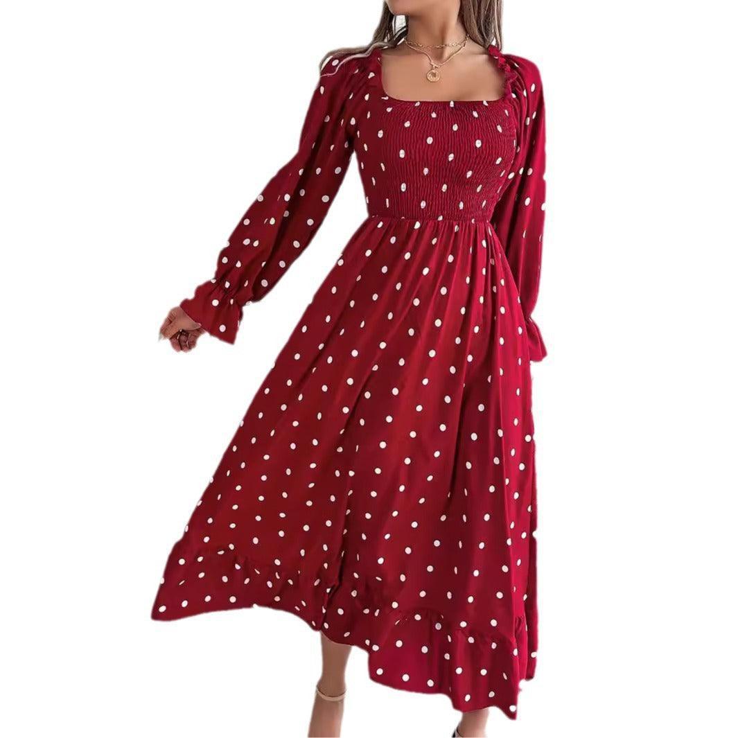 Casual Square Collar Polka Dot Swing Dress With Wooden Ears - HEPSIBAH SHOP