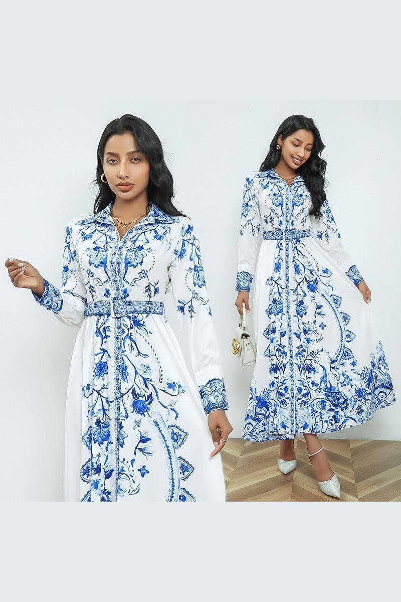 Real Shot Long Sleeve Stand Collar Retro Printed Dress - HEPSIBAH SHOP