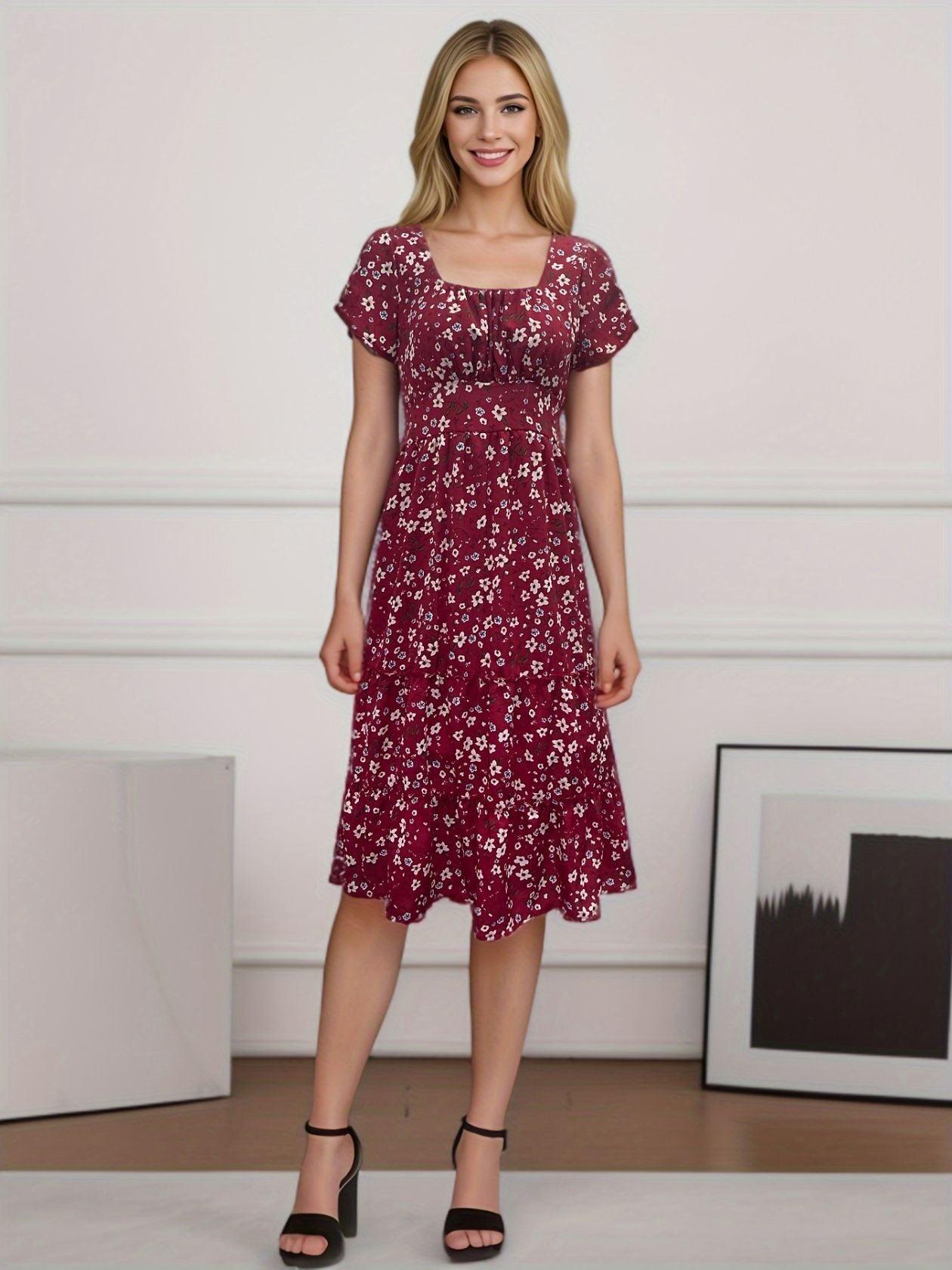 Square Collar Short Sleeve Dress Summer Puff Floral Printed Dress Long Dresses - HEPSIBAH SHOP