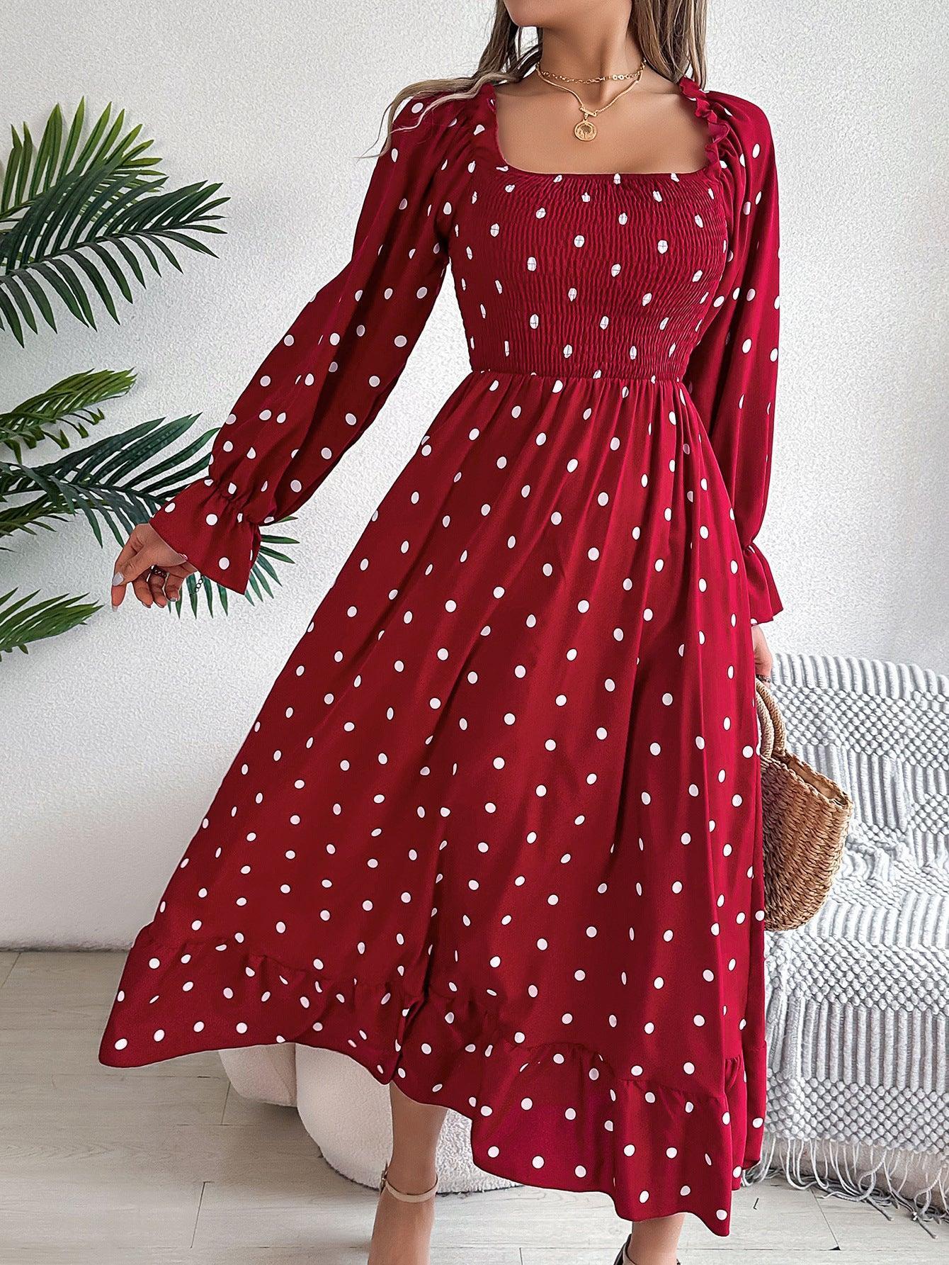 Casual Square Collar Polka Dot Swing Dress With Wooden Ears - HEPSIBAH SHOP