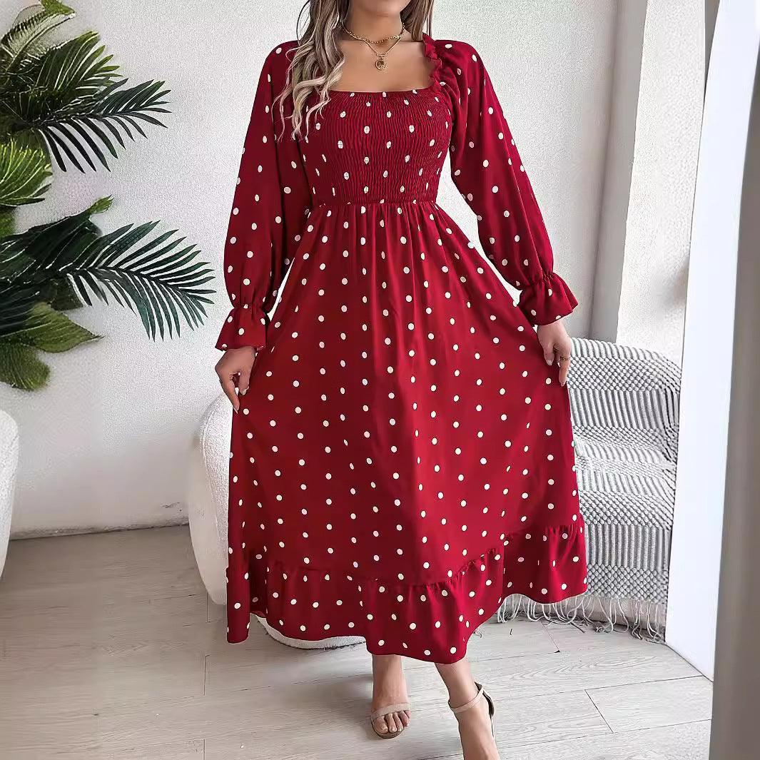 Casual Square Collar Polka Dot Swing Dress With Wooden Ears - HEPSIBAH SHOP