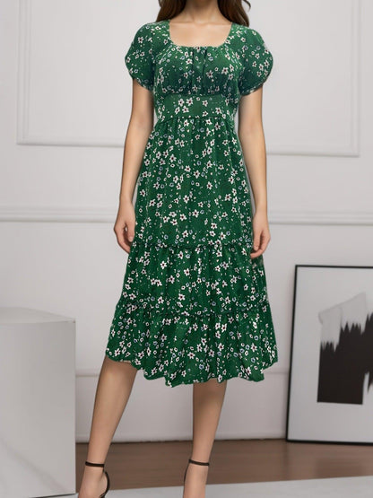 Square Collar Short Sleeve Dress Summer Puff Floral Printed Dress Long Dresses - HEPSIBAH SHOP