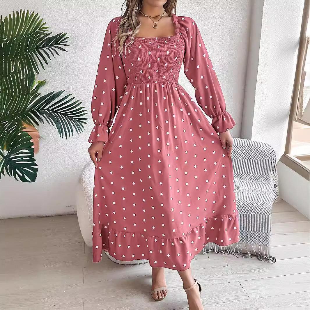 Casual Square Collar Polka Dot Swing Dress With Wooden Ears - HEPSIBAH SHOP